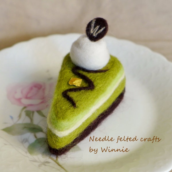 Needle felted Green tea chocolate handmade slice cake