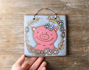 handmade tile, pig, decorative tile