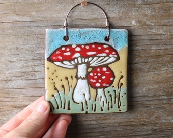 handmade tile, mushrooms, decorative tile