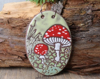 handmade tile, mushrooms and lucky clover, decorative tile