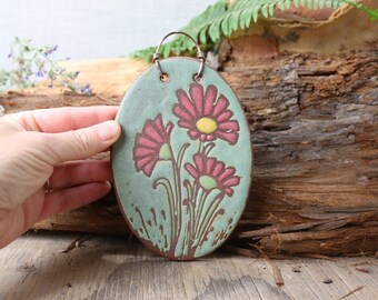 handmade tile, pink flowers, decorative tile