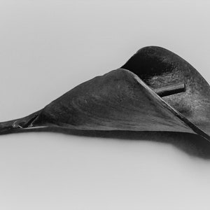 May include: A black metal sculpture of a calla lily flower.