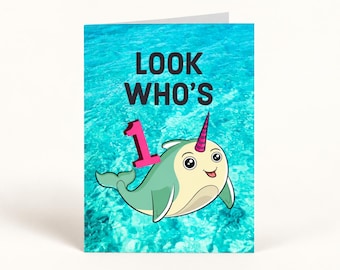 Look Who's 1 Narwhal Birthday Card Folded Card with Envelope