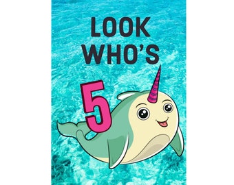 Birthday Card For 5 Year Old, Cute Narwhal Birthday Card, Birthday Card For Girls, Birthday Card For Boys, Narwhal Greeting Card