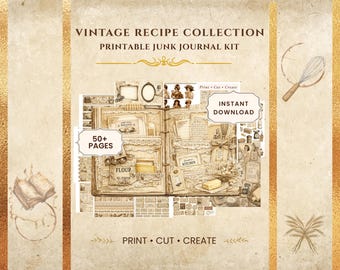 Recipe Junk Journal Kit, Vintage Kitchen Printable Ephemera, 67 Pages, Digital Download