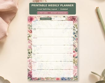 Weekly Planner Printable, Undated Week Organizer, Lined Daily Sections, 6 PDF Sizes, Floral Design