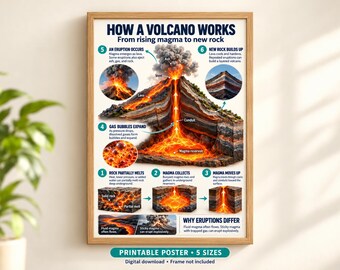 Volcano Educational Poster, How Volcanoes Work, Earth Science Wall Art (Digital Download)
