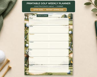 Weekly Planner Printable, Undated Week Organizer, Lined Daily Sections, 6 PDF Sizes, Golf Design