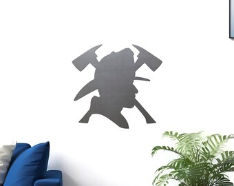 May include: A gray metal silhouette of a firefighter with a helmet and axes crossed behind the head.