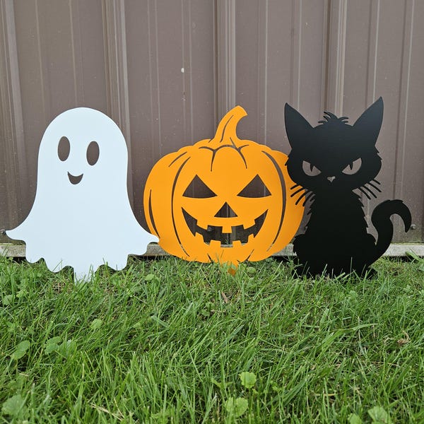 Metal Halloween Garden Stakes | Pumpkin, Ghost, Cat | Halloween Yard Decor
