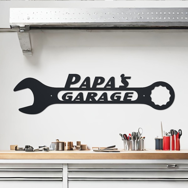 Panneau de garage en métal personnalisé | Décor de garage de nom personnalisé | Clé de garage Papas | Garage des papas | Cadeau de la fête des Pères | Signe de clé 001