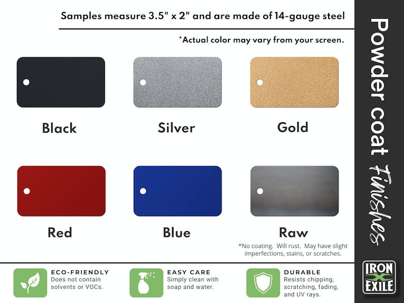 Color chart for powder coat colors showcasing a wide range of durable color options.