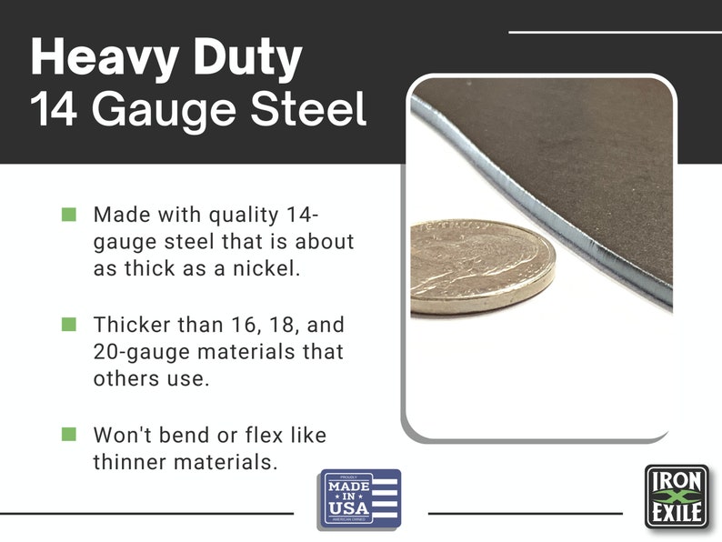 Może przedstawiać: Arkusz blachy stalowej o grubości 14, pokazany obok monety 5 groszy, aby zilustrować jej grubość. Tekst głosi "Heavy Duty 14 Gauge Steel" i "Made in USA".