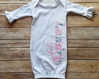 Baby girl ruffled gown with applique name in pinks, Personalized newborn gift, Baby shower gift, Monogrammed sleeper for infants, boutique