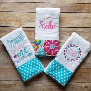Personalized burp cloth set for a baby girl with vibrant fabric, Monogrammed design,Adorable baby shower or new infant gift, Soft. absorbant