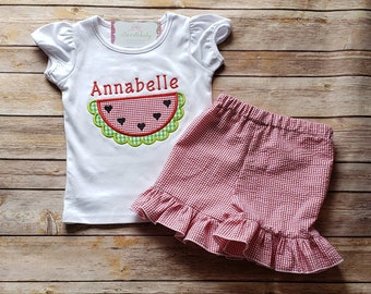 Personalized girls shorts set, watermelon picnic outfit, toddler girl beach vacation, summer birthday gift for girl, baby girl summer outfit