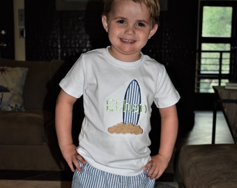 Personalized Boys beach short set with surfboard applique and striped navy and white seersucker monogrammed shorts, toddler vacation outfit