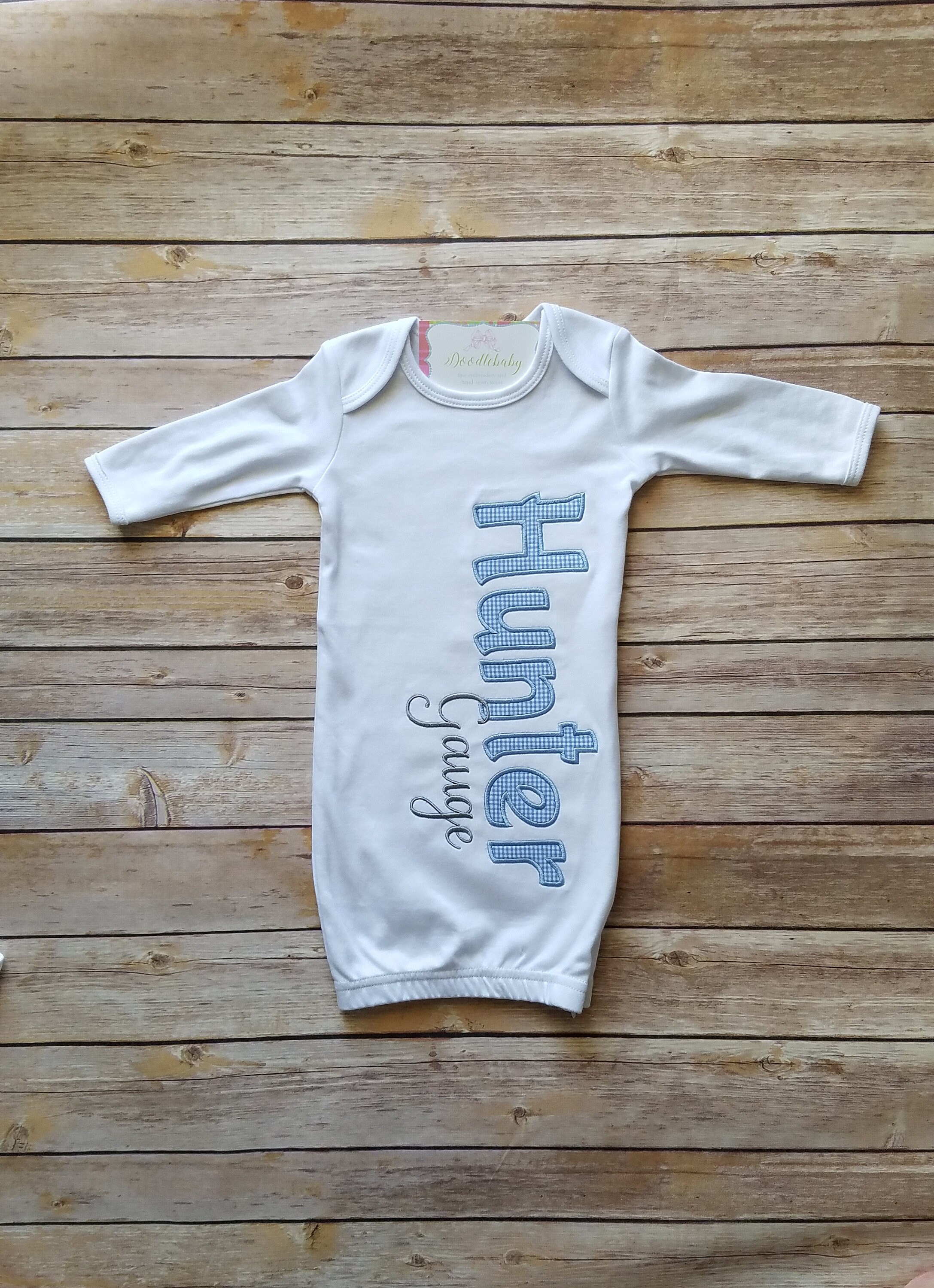 New baby outfit, baby boy gown, coming home outfit, new baby gown, newborn boy outfit, name baby gown, custom applique, infant gown