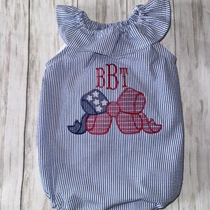 Custom made girl&#39;s ruffle neck bubble with flag bow sketch design, Blue and white stripe seersucker fabric, Personalized with snap crotch