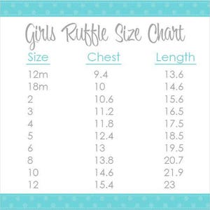 May include: A size chart for girls' ruffle clothing, showing chest and length measurements in inches for sizes 12 months to 12 years.