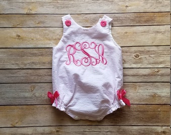Baby girl pink seersucker monogrammed bubble, embroidered romper with bows, summer photo shoot, new infant gift, beach sunsuit, personalized