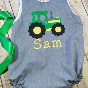 Boys Tractor on Green/Blue Stripe Romper by Three Sisters main image 0