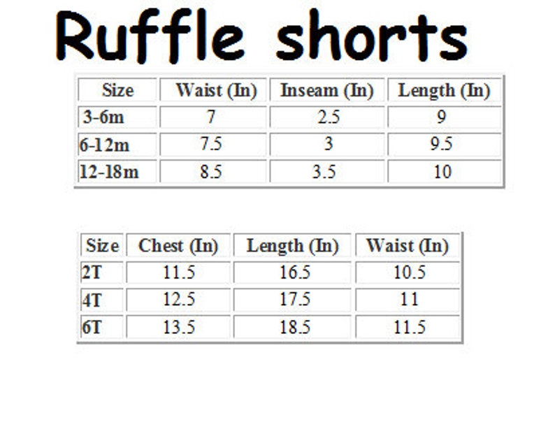 May include: Size chart for ruffle shorts in inches. The chart shows sizes 3-6 months, 6-12 months, 12-18 months, 2T, 4T, and 6T. Measurements include waist, inseam, length, and chest.