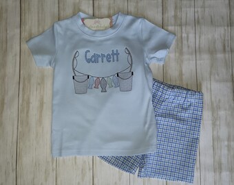 Boys summer shirt and shorts set with a fishing pole and fish design for the Seaside Explorer, Beach birthday gift, toddler boutique clothes
