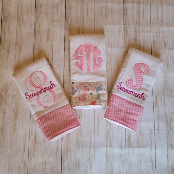 Monogrammed girl burp cloth set, personalized baby essentials, Custom newborn gift girl, Pink burp rag set, Baby shower gift granddaughter