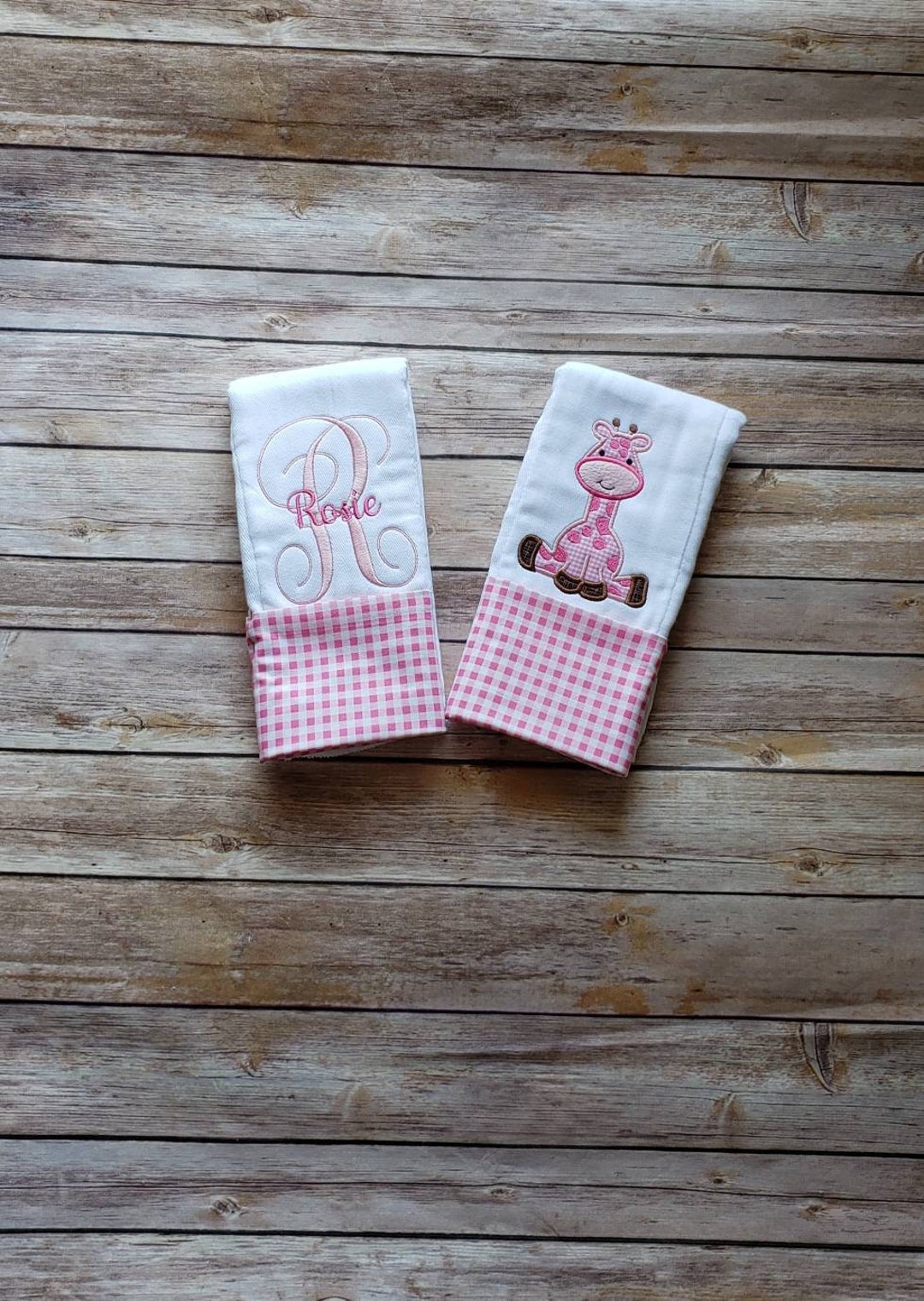 Personalized Baby Girl Burp Cloth Set With Giraffe Design, Pink Gingham