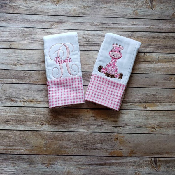 Personalized Baby Girl burp cloth set with Giraffe design, pink gingham monogrammed burping towel, cloth diaper dribble cloth set, burp rag