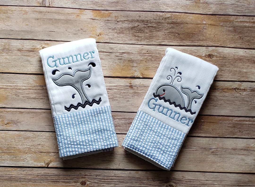 Personalized Burp Cloth Boy for New Baby With Whale Applique