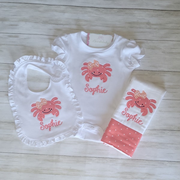 New baby gift set includes personalized burp cloth, bodysuit and ruffled bib with crab applique, baby shower gift, new baby essential set
