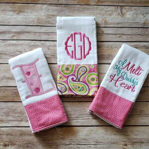 Personalized burp cloth girl, monogrammed baby girl gift, new baby girl gift, custom baby girl set, prefold diaper set, pink baby gift