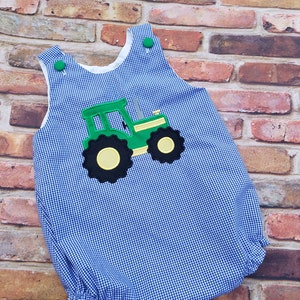 Boys Tractor on Green/Blue Stripe Romper by Three Sisters main image 1