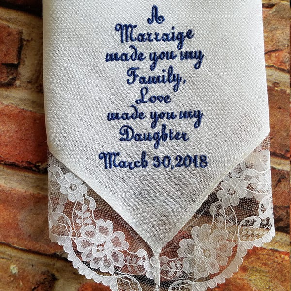 Embroidered - Handkerchief - Wedding - Something Blue - Daughter - Wedding Date, bridal shower gift, daughter in law wedding, son wedding