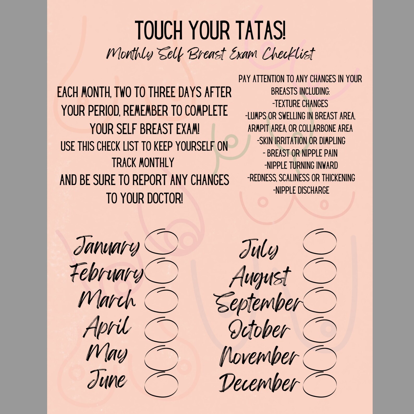 Printable Self Breast Exam Checklist Touch Your Tatas Etsy Ireland Printable Self Breast Exam Checklist Touch Your Tatas Etsy Ireland