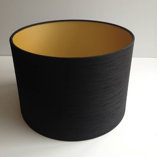 Contemporary Japanese Black Silk  30cm drum lampshade-gold lining/white lining