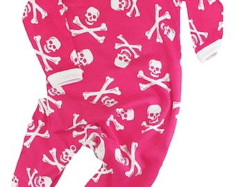 Halloween Skull & Crossbones Baby Sleepsuit |  Alternative Jolly Roger Pink Pirate Romper Outfit Clothes |  Cool Gothic Baby Shower Gift