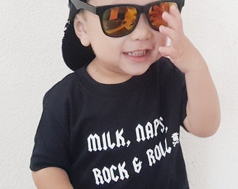 Milk, Naps, Rock N Roll Kids T-Shirt for Boys or Girls | Rock n Roll Baby, Toddler & Kids Clothes | Heavy Metal Baby or Kids Gift