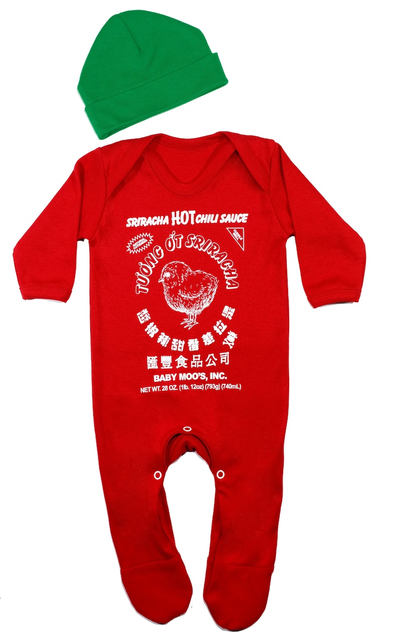 Sriracha Hot Chilli Sauce Baby Costume Set Sleepsuit & Hat Set Novelty Food Romper Outfit Clothes Cute Baby Shower Gift image 1