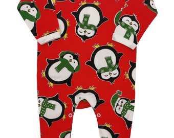 Christmas Baby Sleepsuit |  Festive Penguins 1st Christmas Baby Outfit |  Cute Festive Xmas Baby Clothes