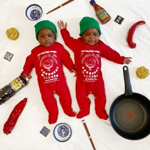 Sriracha Hot Chilli Sauce Baby Costume Set Sleepsuit & Hat Set Novelty Food Romper Outfit Clothes Cute Baby Shower Gift image 2