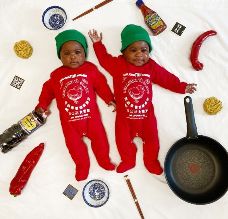 Sriracha Hot Chilli Sauce Baby Costume Set Sleepsuit & Hat Set Novelty Food Romper Outfit Clothes Cute Baby Shower Gift image 2