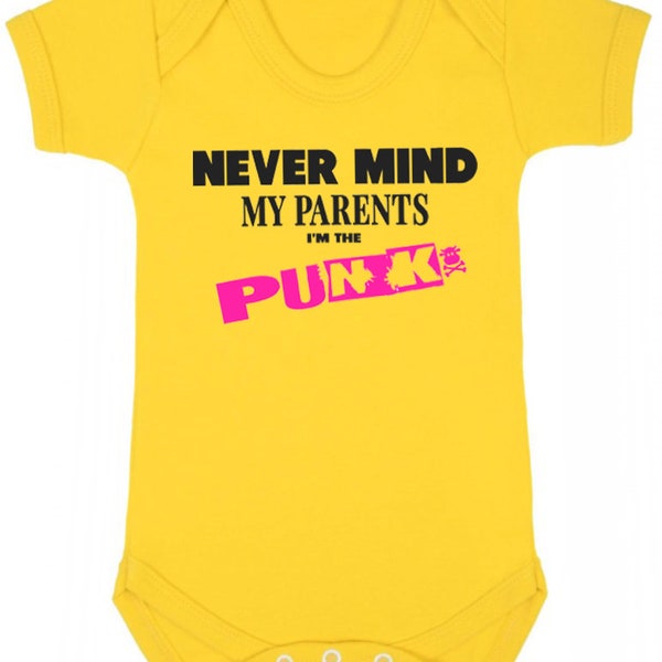 NEVER MIND Punk Baby Grow | Punk Rock Baby Bodysuit Vest | Playful Pistols New Baby Gift | Boys or Girls