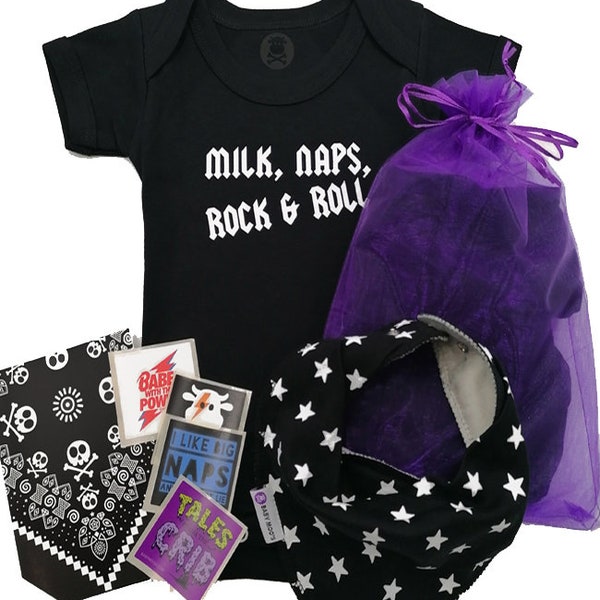 Rock n Roll Baby Gift Set / Sac Rock Star Baby Shower Gift pour Unique Garçons ou Filles Tenue Baby Shower Gift - Baby Bodysuit & Bib (Sac Cadeau)