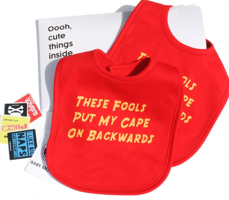 SET of 2 Baby Bibs These Fools Put My Cape On Backwards Superhero Baby Bibs Boys/ Girls Baby Shower, Christmas Stocking Filler or Gift image 2