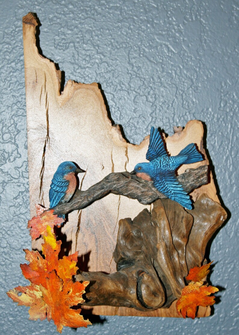Woodcarving Wall Hanging, of Two Hand Carved Bluebirds on on Tree Branch With Handmade Maple