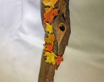 Buckeye Arrowhead on Found Wood with Maple Leaves on wood wall hanging, assemblage of nature. In a Native Style setting.