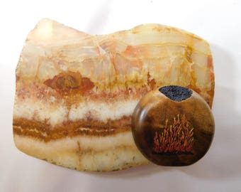 Handcarved Pottery with Flames on an Agate and  Jasper wall hanging, assemblage of nature. In a Native Style setting.